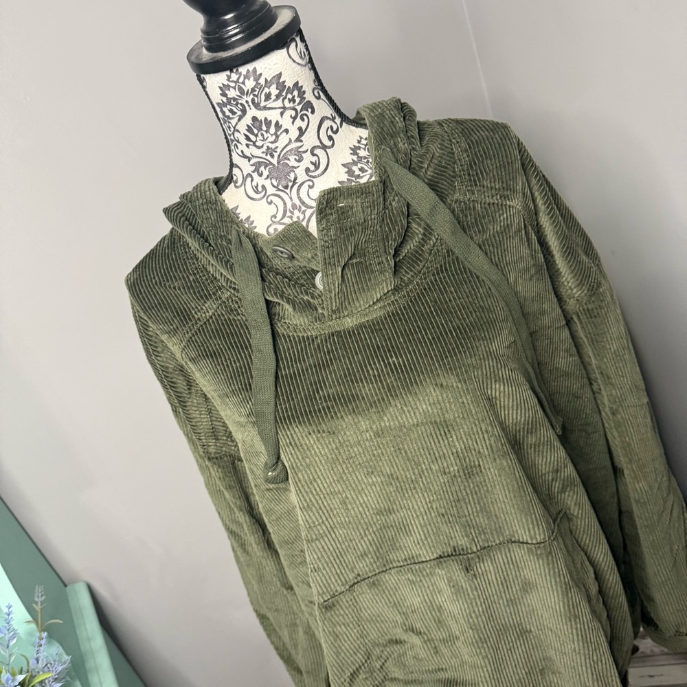 American Eagle Ribbed Henley Pullover Hoodie Size XL Green Loungewear Cozy - Picture 2 of 11